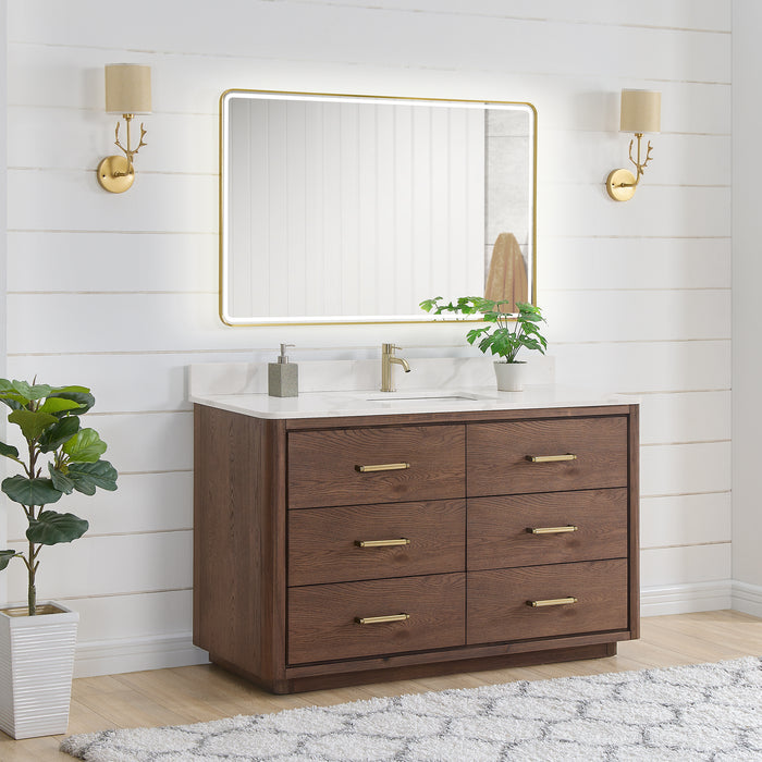 55-Inch Aged Dark Brown Oak Illustra Vanity Freestanding Single Sink with White Quartz Top & LED Mirror