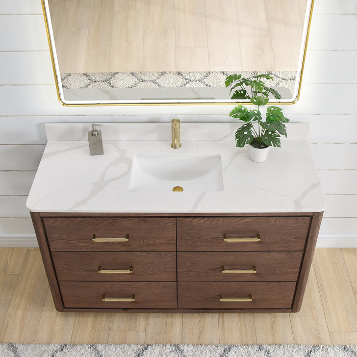 55-Inch Aged Dark Brown Oak Illustra Vanity Freestanding Single Sink with White Quartz Top & LED Mirror