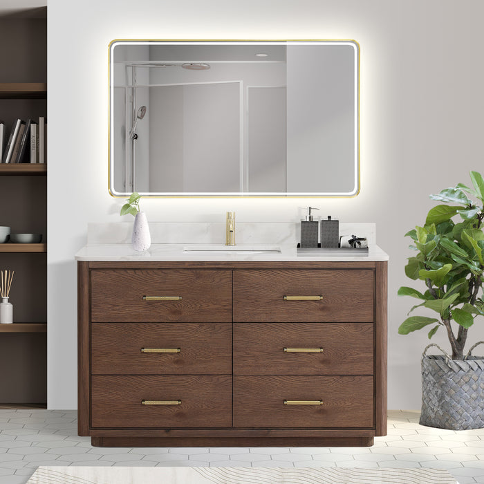 55-Inch Aged Dark Brown Oak Illustra Vanity Freestanding Single Sink with White Quartz Top & LED Mirror