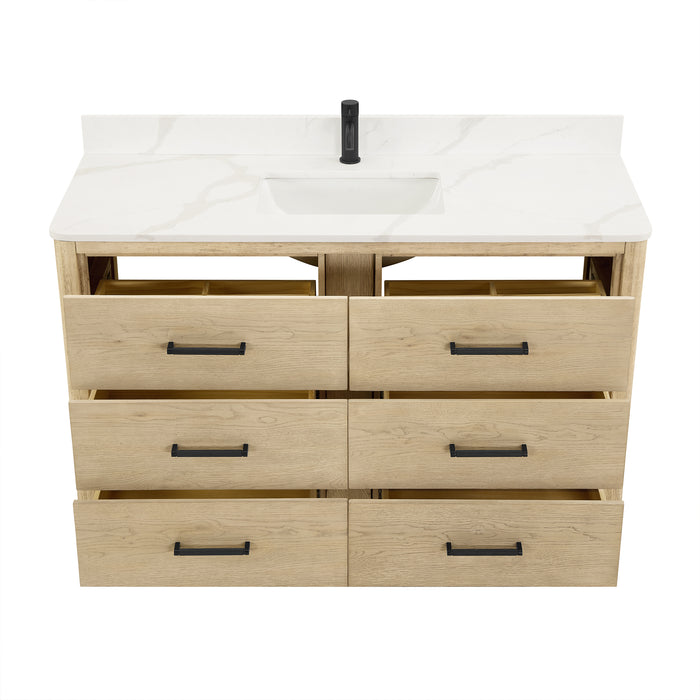 Porto 55" Free-standing Single Bath Vanity in Aged Natural Oak with Fish Maw White Quartz Stone Top