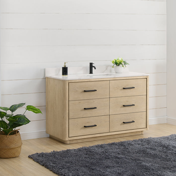 Porto 55" Free-standing Single Bath Vanity in Aged Natural Oak with Fish Maw White Quartz Stone Top