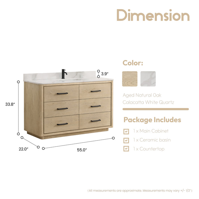 Porto 55" Free-standing Single Bath Vanity in Aged Natural Oak with Fish Maw White Quartz Stone Top