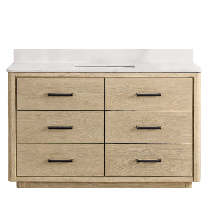 Porto 55" Free-standing Single Bath Vanity in Aged Natural Oak with Fish Maw White Quartz Stone Top