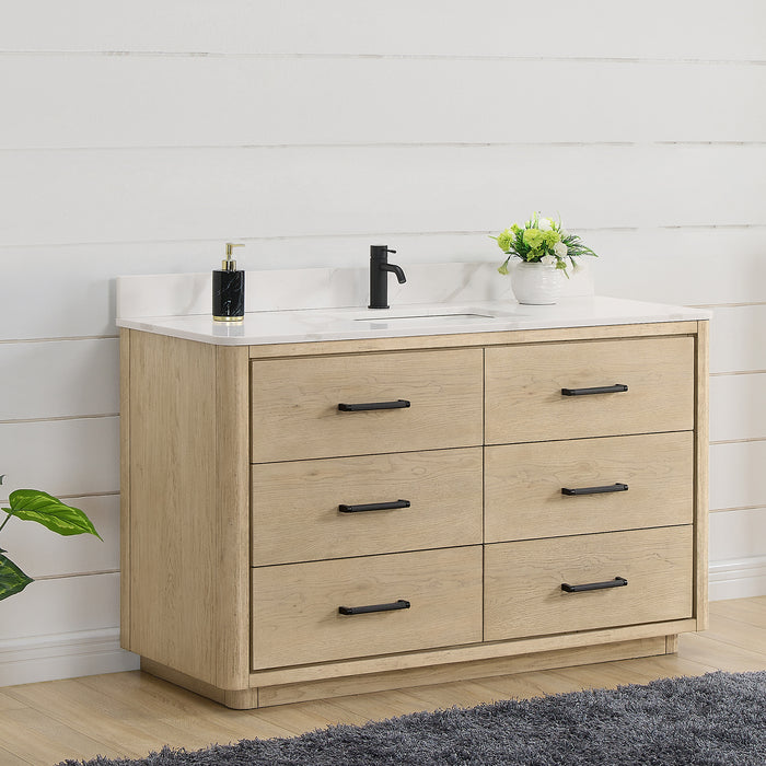 Porto 55" Free-standing Single Bath Vanity in Aged Natural Oak with Fish Maw White Quartz Stone Top