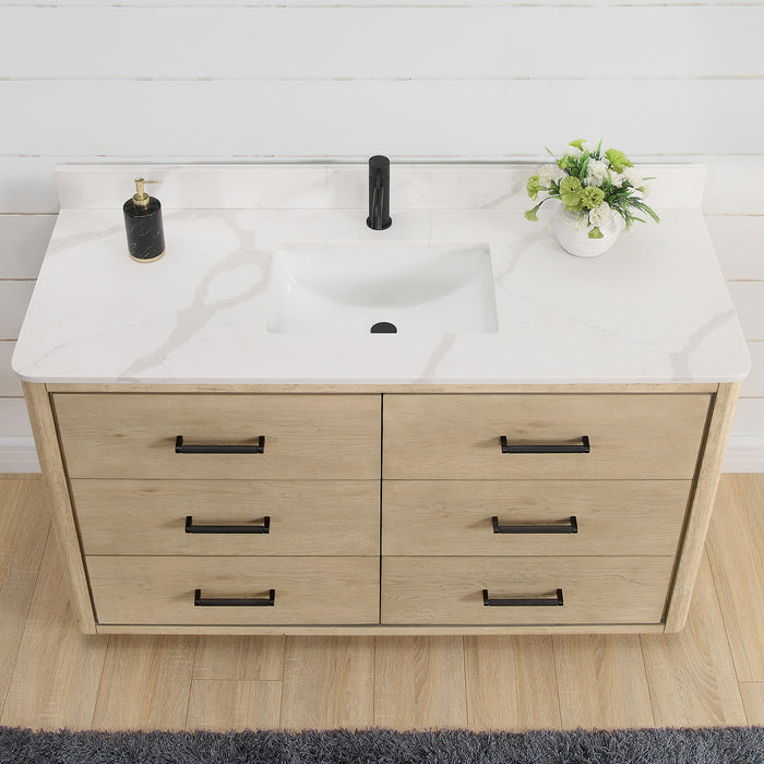 Porto 55" Free-standing Single Bath Vanity in Aged Natural Oak with Fish Maw White Quartz Stone Top