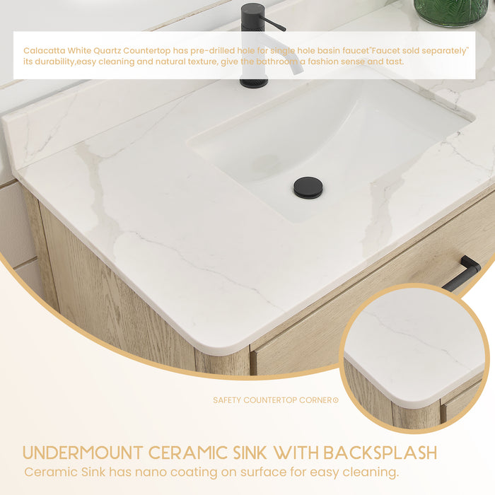 Porto 55" Free-standing Single Bath Vanity in Aged Natural Oak with Fish Maw White Quartz Stone Top