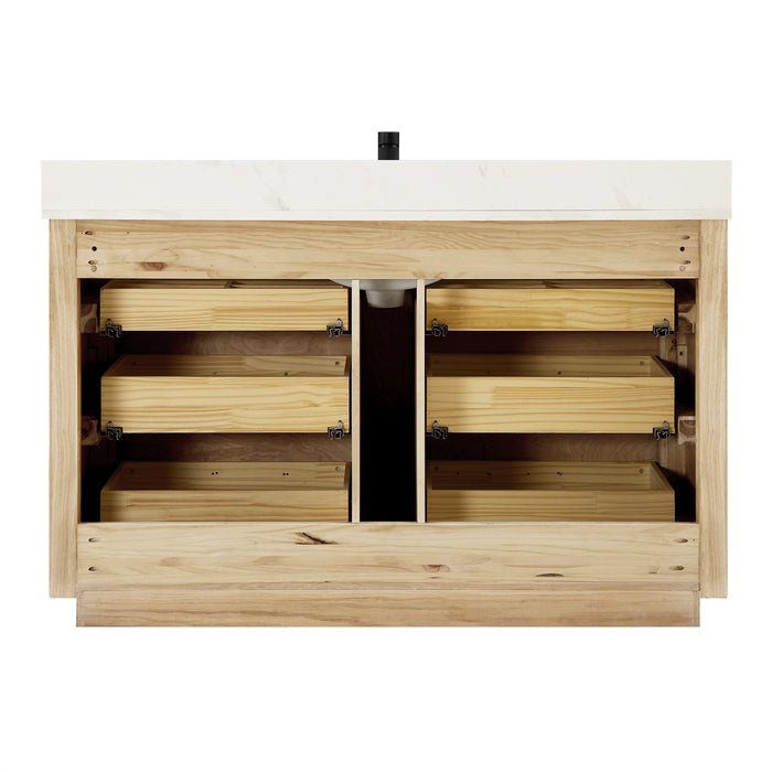 55-Inch Inglewood Aged Natural Oak Freestanding Bathroom Vanity with Fish Maw White Quartz Top & Mirror