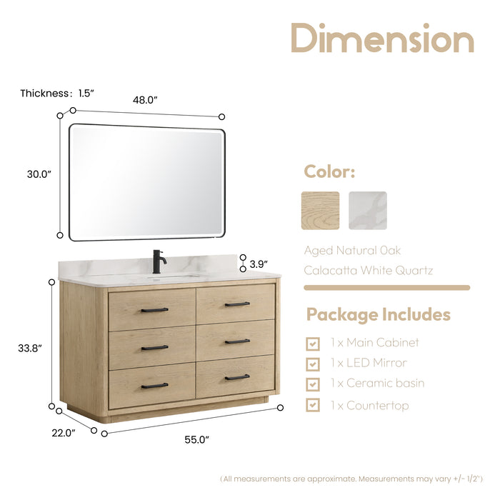 55-Inch Inglewood Aged Natural Oak Freestanding Bathroom Vanity with Fish Maw White Quartz Top & Mirror