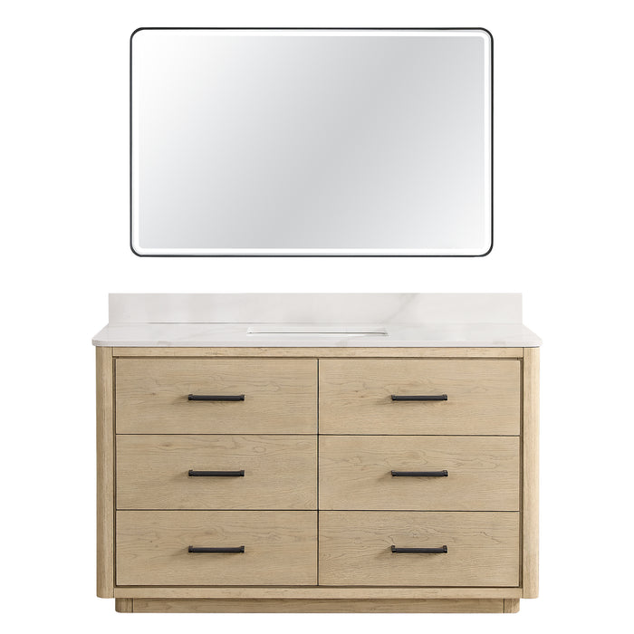 55-Inch Inglewood Aged Natural Oak Freestanding Bathroom Vanity with Fish Maw White Quartz Top & Mirror