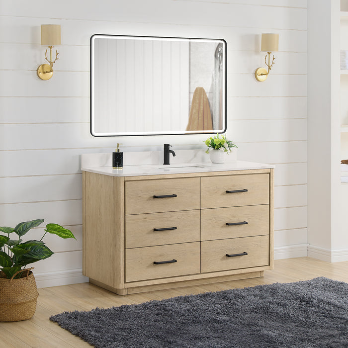 55-Inch Inglewood Aged Natural Oak Freestanding Bathroom Vanity with Fish Maw White Quartz Top & Mirror