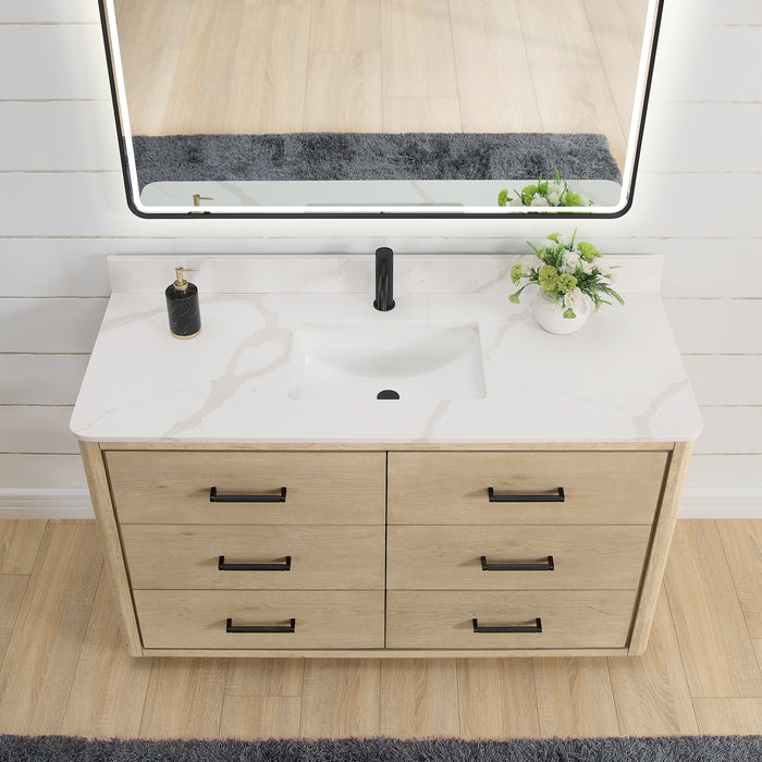 55-Inch Inglewood Aged Natural Oak Freestanding Bathroom Vanity with Fish Maw White Quartz Top & Mirror