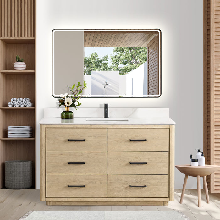 55-Inch Inglewood Aged Natural Oak Freestanding Bathroom Vanity with Fish Maw White Quartz Top & Mirror