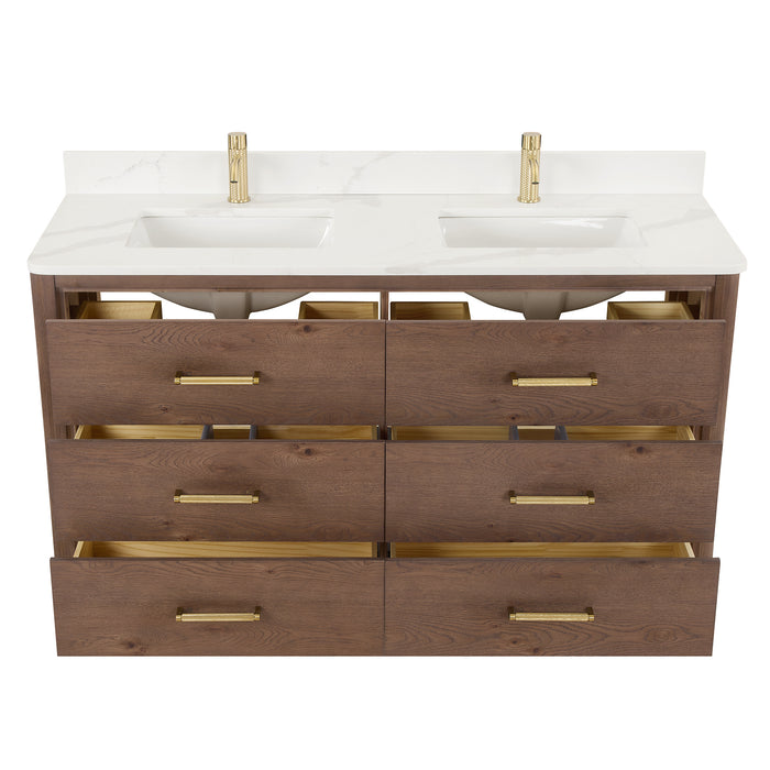 60-Inch Ironwood Freestanding Double Vanity - Solid Oak Aged Dark Brown with White Quartz Counter & Mirror
