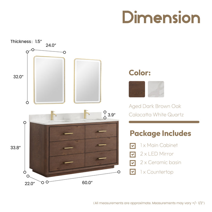60-Inch Ironwood Freestanding Double Vanity - Solid Oak Aged Dark Brown with White Quartz Counter & Mirror