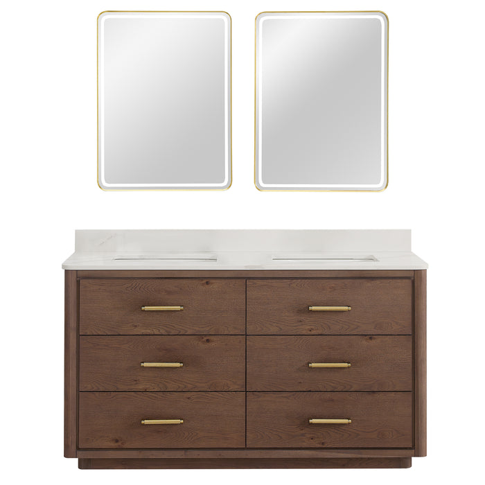 60-Inch Ironwood Freestanding Double Vanity - Solid Oak Aged Dark Brown with White Quartz Counter & Mirror