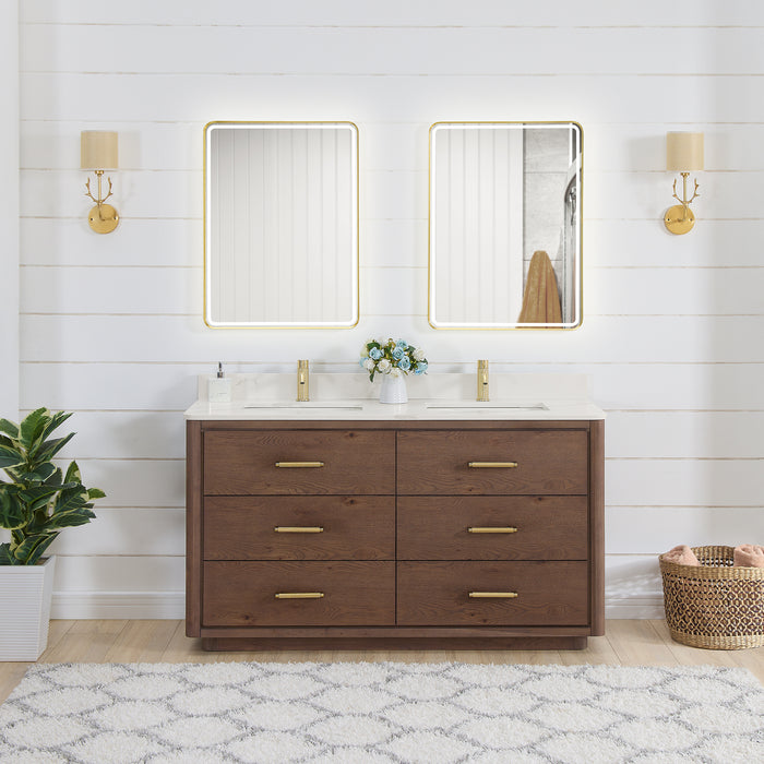 60-Inch Ironwood Freestanding Double Vanity - Solid Oak Aged Dark Brown with White Quartz Counter & Mirror