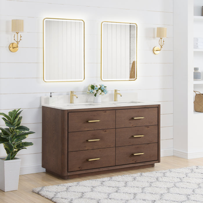 60-Inch Ironwood Freestanding Double Vanity - Solid Oak Aged Dark Brown with White Quartz Counter & Mirror