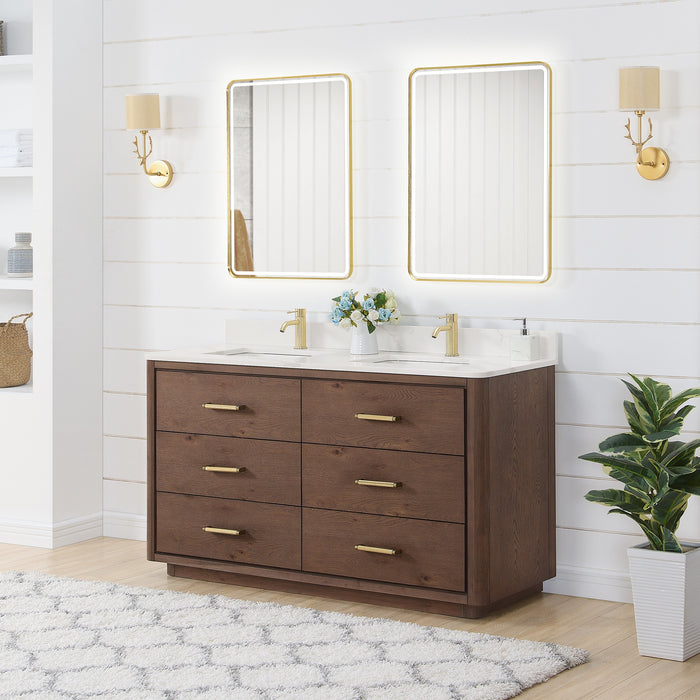 60-Inch Ironwood Freestanding Double Vanity - Solid Oak Aged Dark Brown with White Quartz Counter & Mirror
