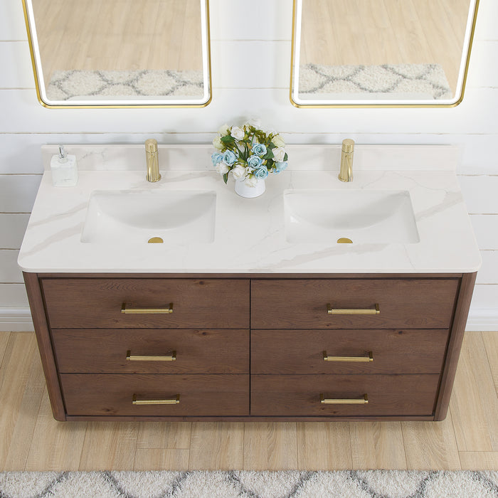 60-Inch Ironwood Freestanding Double Vanity - Solid Oak Aged Dark Brown with White Quartz Counter & Mirror