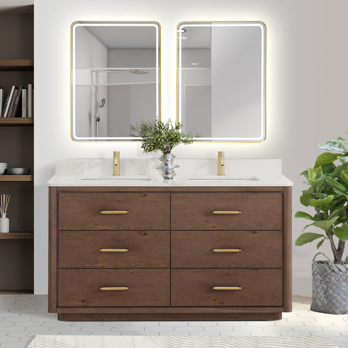60-Inch Ironwood Freestanding Double Vanity - Solid Oak Aged Dark Brown with White Quartz Counter & Mirror
