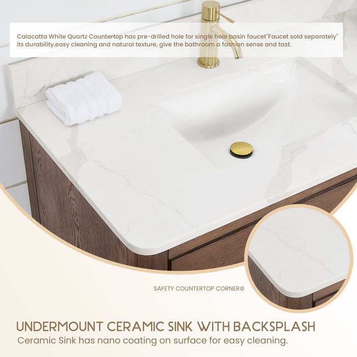 60-Inch Ironwood Freestanding Double Vanity - Solid Oak Aged Dark Brown with White Quartz Counter & Mirror