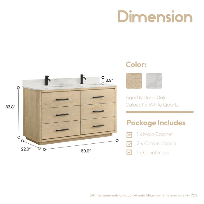 60-Inch Jacaranda Solid Oak Double Sink Vanity - White Quartz Top with Soft Close Drawers