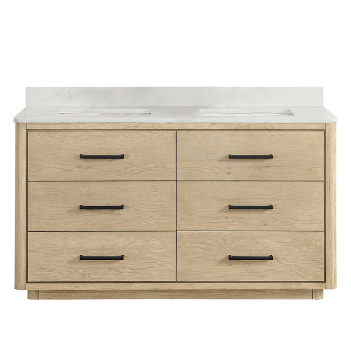 60-Inch Jacaranda Solid Oak Double Sink Vanity - White Quartz Top with Soft Close Drawers
