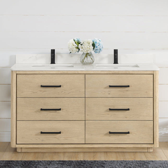 60-Inch Jacaranda Solid Oak Double Sink Vanity - White Quartz Top with Soft Close Drawers