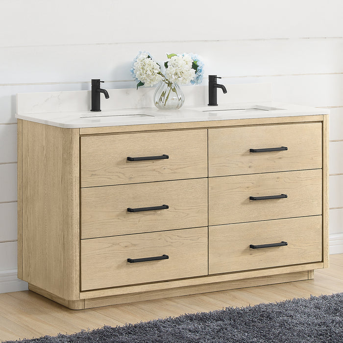 60-Inch Jacaranda Solid Oak Double Sink Vanity - White Quartz Top with Soft Close Drawers
