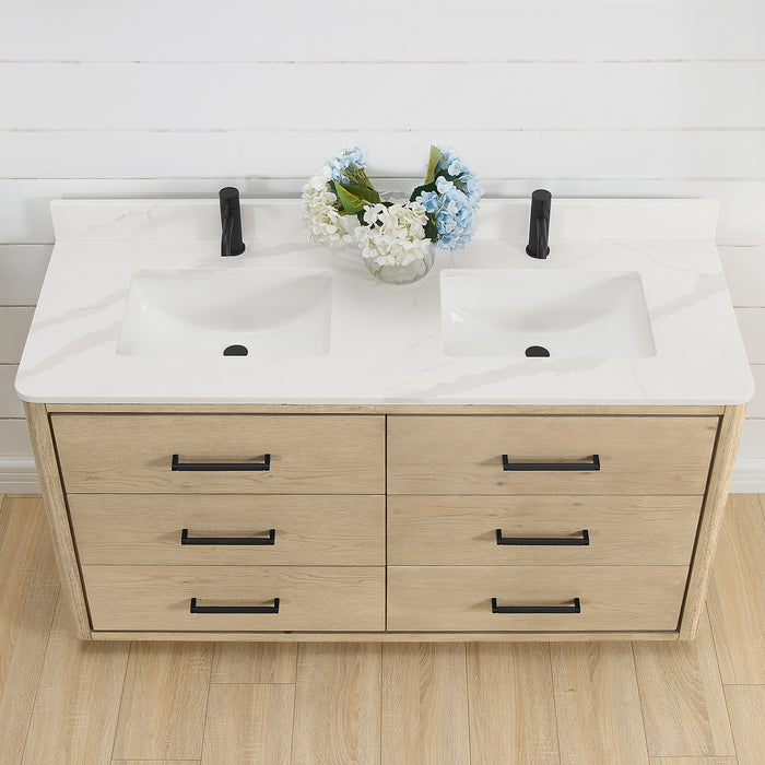 60-Inch Jacaranda Solid Oak Double Sink Vanity - White Quartz Top with Soft Close Drawers