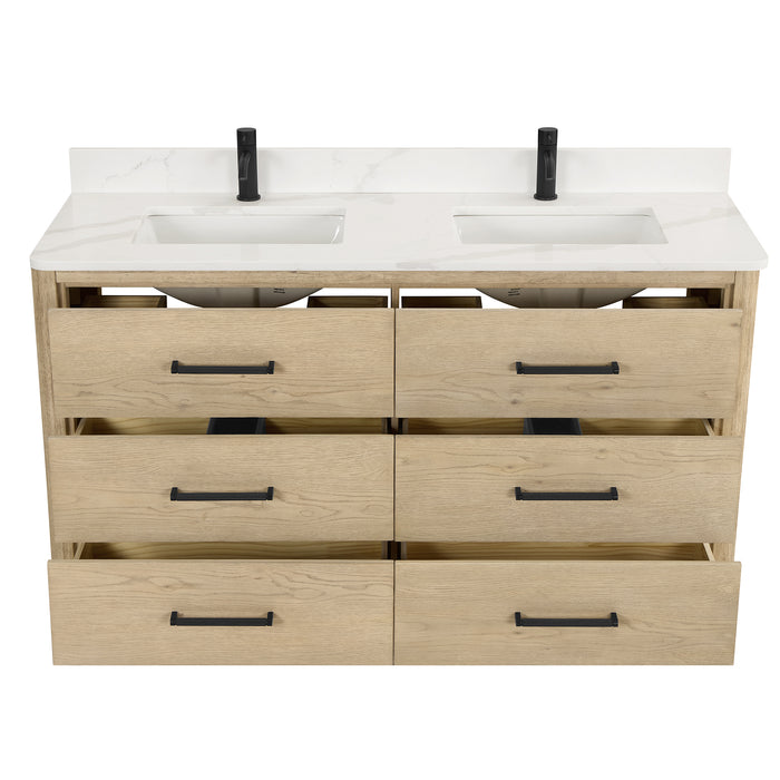 60-Inch Iridescence Solid Oak Iridescence Double Bathroom Vanity - Fish Maw White Quartz Countertop with LED Mirror