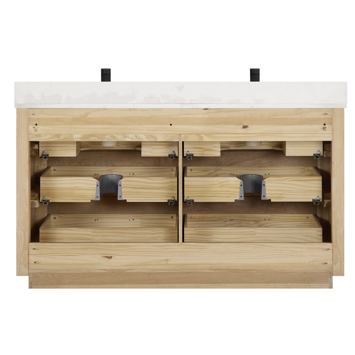 60-Inch Iridescence Solid Oak Iridescence Double Bathroom Vanity - Fish Maw White Quartz Countertop with LED Mirror