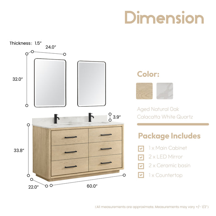 60-Inch Iridescence Solid Oak Iridescence Double Bathroom Vanity - Fish Maw White Quartz Countertop with LED Mirror