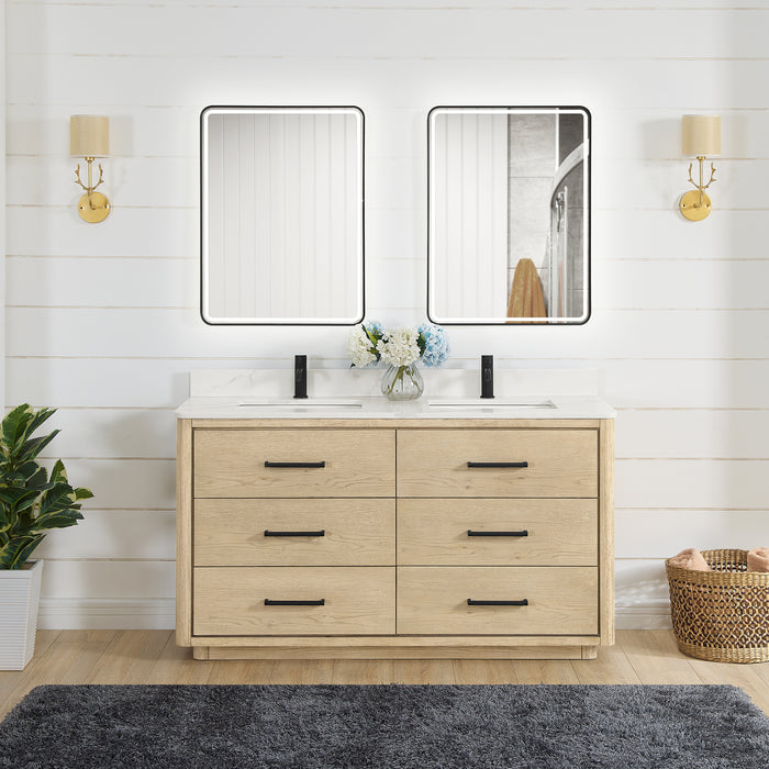 60-Inch Iridescence Solid Oak Iridescence Double Bathroom Vanity - Fish Maw White Quartz Countertop with LED Mirror