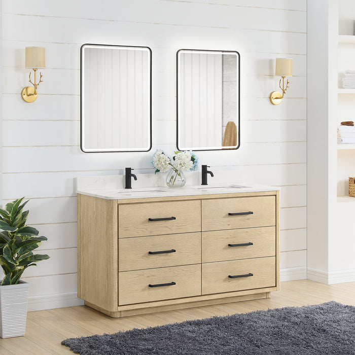60-Inch Iridescence Solid Oak Iridescence Double Bathroom Vanity - Fish Maw White Quartz Countertop with LED Mirror