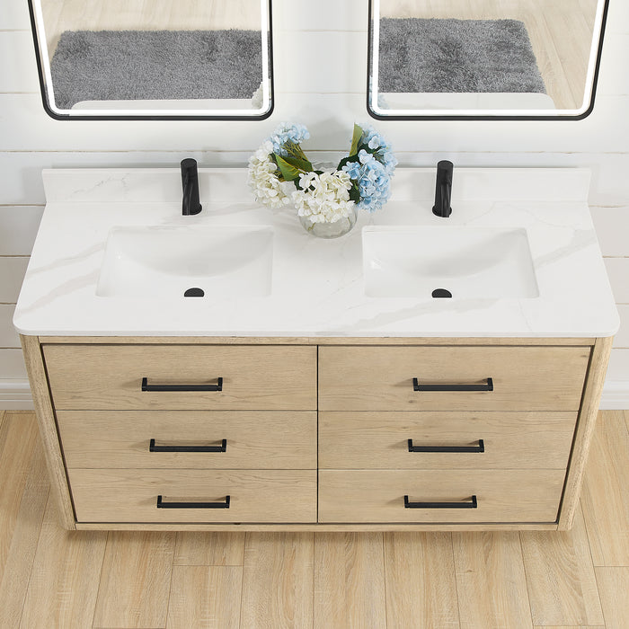 60-Inch Iridescence Solid Oak Iridescence Double Bathroom Vanity - Fish Maw White Quartz Countertop with LED Mirror