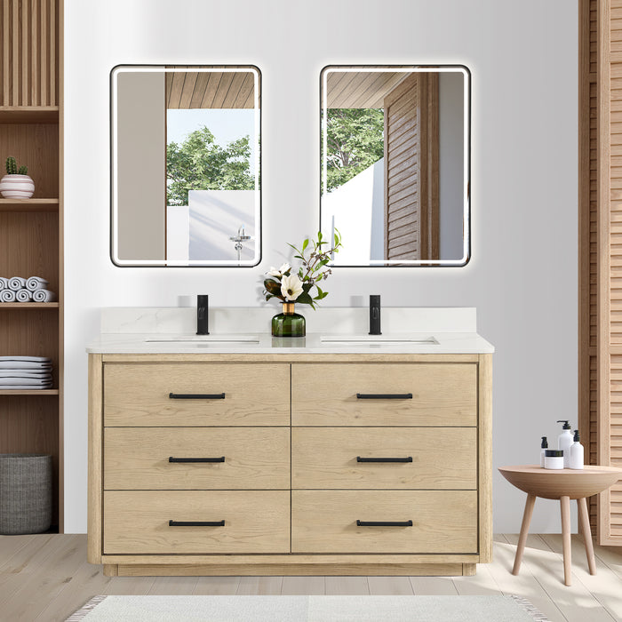 60-Inch Iridescence Solid Oak Iridescence Double Bathroom Vanity - Fish Maw White Quartz Countertop with LED Mirror