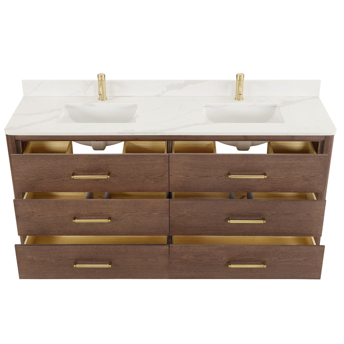 72-Inch Ivory Double Vanity Solid Oak Freestanding Dark Brown with White Quartz Stone Top