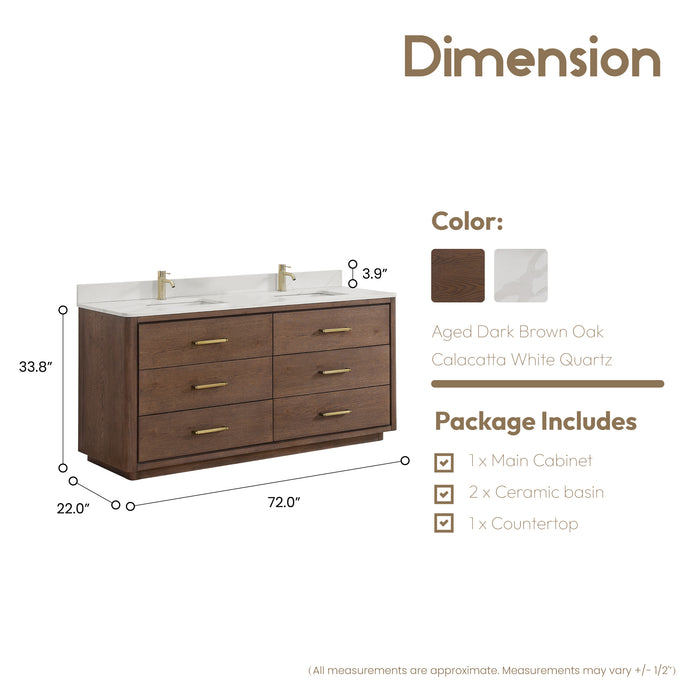 72-Inch Ivory Double Vanity Solid Oak Freestanding Dark Brown with White Quartz Stone Top