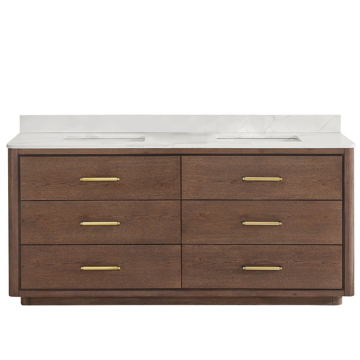 72-Inch Ivory Double Vanity Solid Oak Freestanding Dark Brown with White Quartz Stone Top