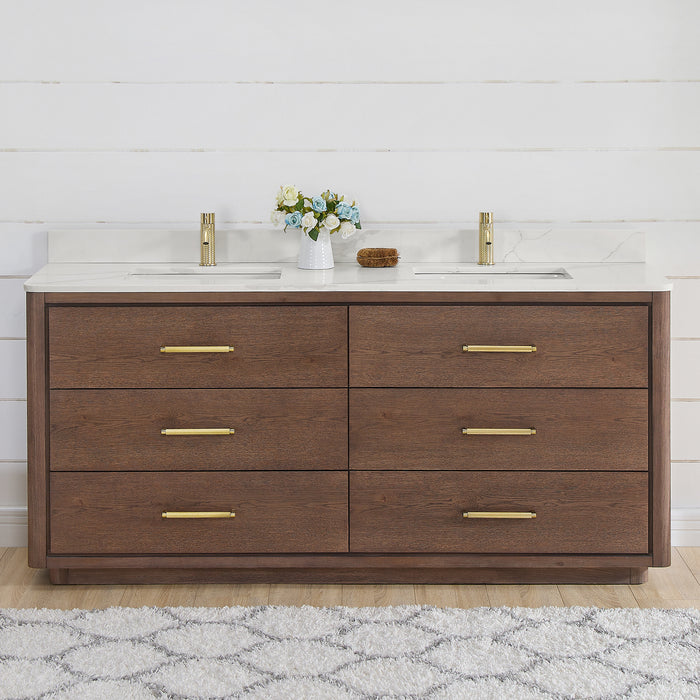 72-Inch Ivory Double Vanity Solid Oak Freestanding Dark Brown with White Quartz Stone Top