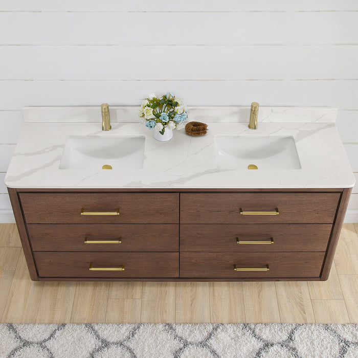 72-Inch Ivory Double Vanity Solid Oak Freestanding Dark Brown with White Quartz Stone Top