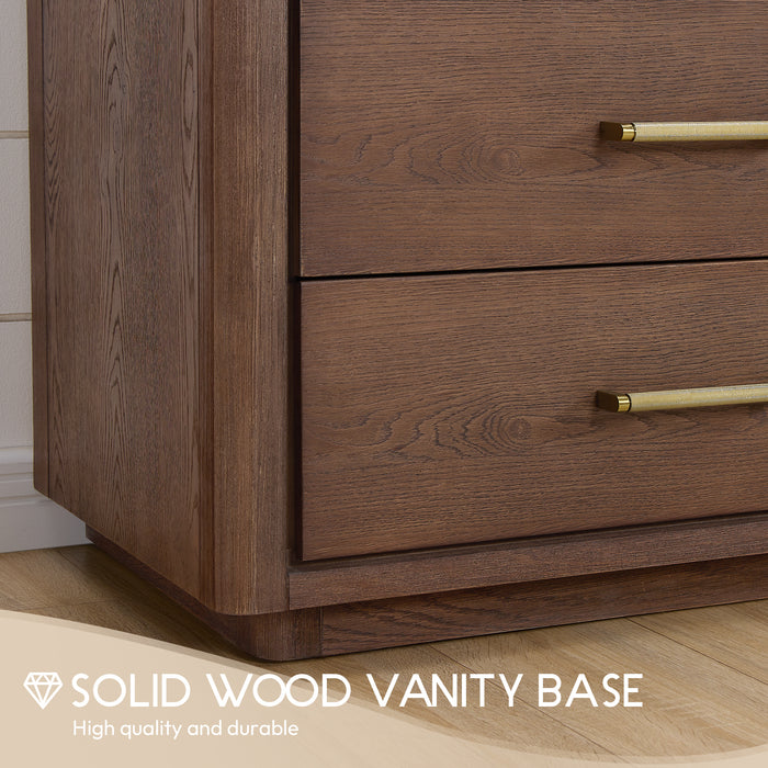 72-Inch Ivory Double Vanity Solid Oak Freestanding Dark Brown with White Quartz Stone Top