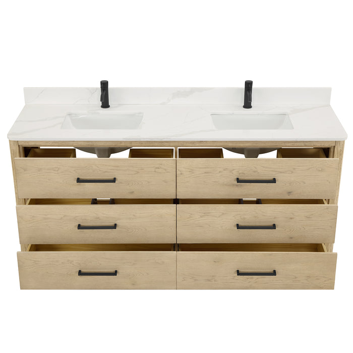 72-Inch Jaspé Solid Oak Double Bathroom Vanity - Fish Maw White Quartz Top with Soft-Close Drawers