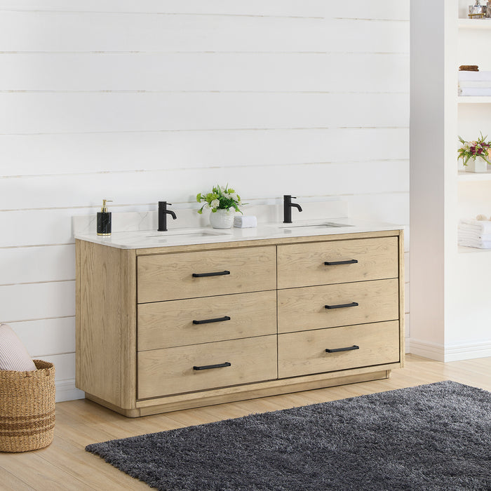 72-Inch Jaspé Solid Oak Double Bathroom Vanity - Fish Maw White Quartz Top with Soft-Close Drawers