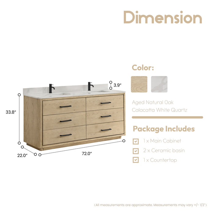 72-Inch Jaspé Solid Oak Double Bathroom Vanity - Fish Maw White Quartz Top with Soft-Close Drawers