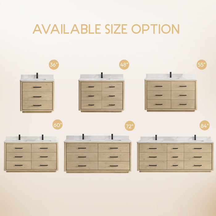 72-Inch Jaspé Solid Oak Double Bathroom Vanity - Fish Maw White Quartz Top with Soft-Close Drawers