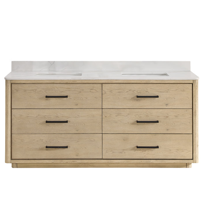 72-Inch Jaspé Solid Oak Double Bathroom Vanity - Fish Maw White Quartz Top with Soft-Close Drawers