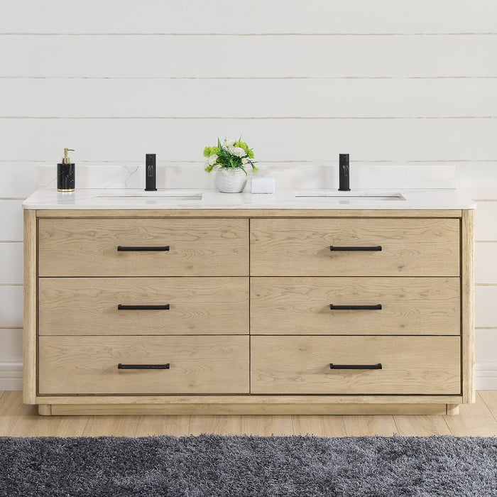 72-Inch Jaspé Solid Oak Double Bathroom Vanity - Fish Maw White Quartz Top with Soft-Close Drawers