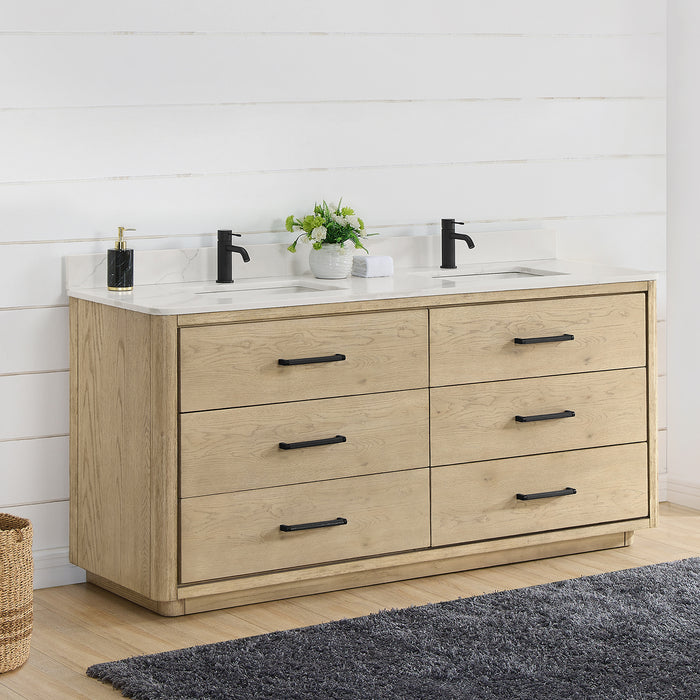 72-Inch Jaspé Solid Oak Double Bathroom Vanity - Fish Maw White Quartz Top with Soft-Close Drawers